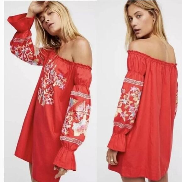 Free People Red Fleur Du Jour Mini Dress S Bold Floral Embroidered Boho Festival - Picture 3 of 14